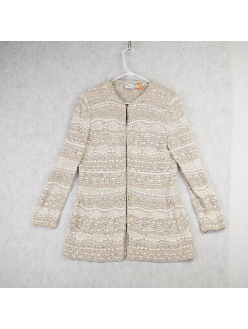 Vintage St John Long Cardigan Sweater Womens Medium Cream Lightweight Wool Blend